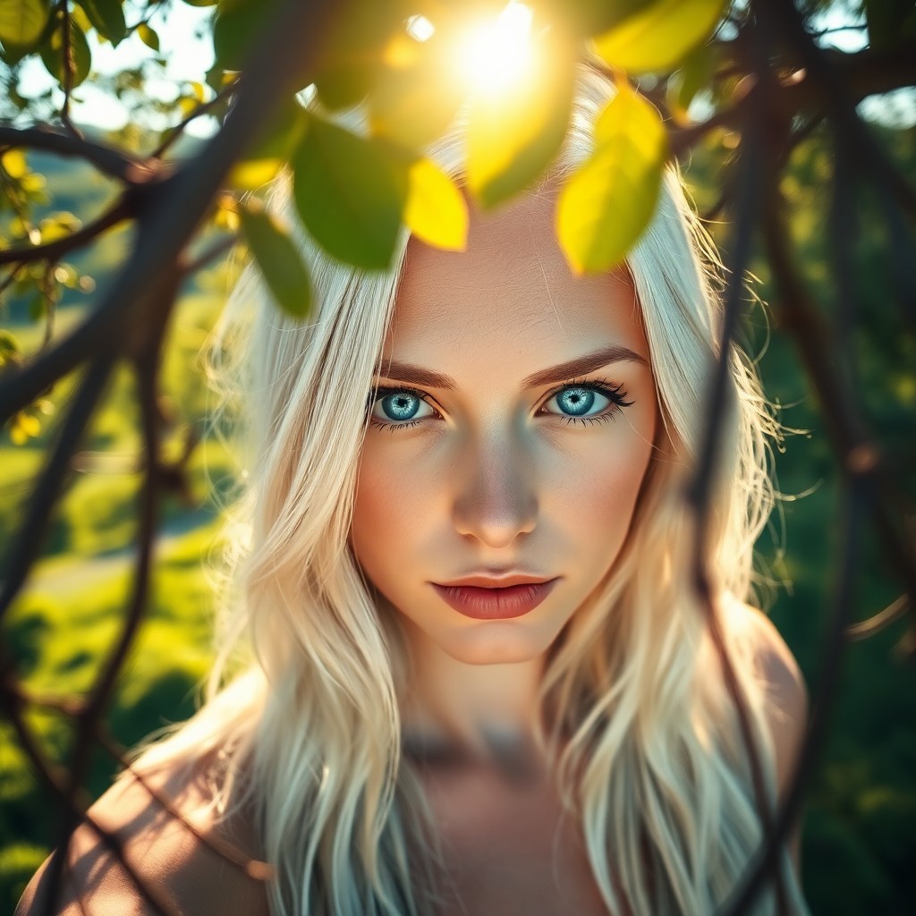 AI generated art for prompt: A captivating portrait photograph showcases a Nordic woman with striking ice-blue eyes and distinct 