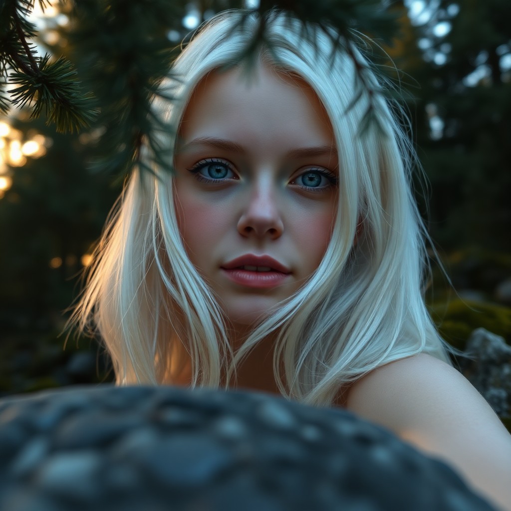 AI generated art for prompt: A hyperrealistic portrait of a young Slavic woman with piercing ice-blue eyes and platinum hair, sho