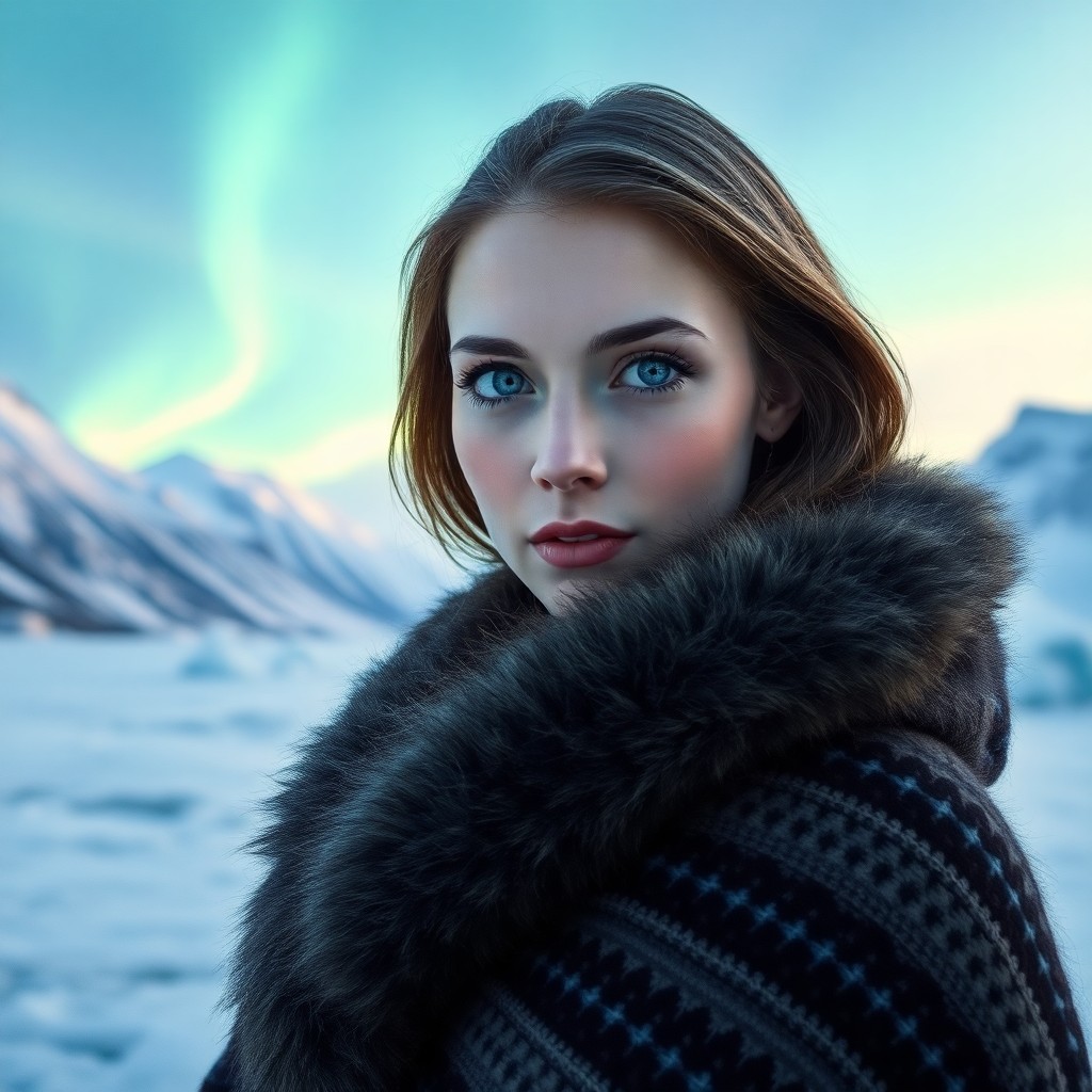 AI generated art for prompt: Imagine a portrait photograph of an enigmatic Nordic woman with piercing blue eyes and flawless porc