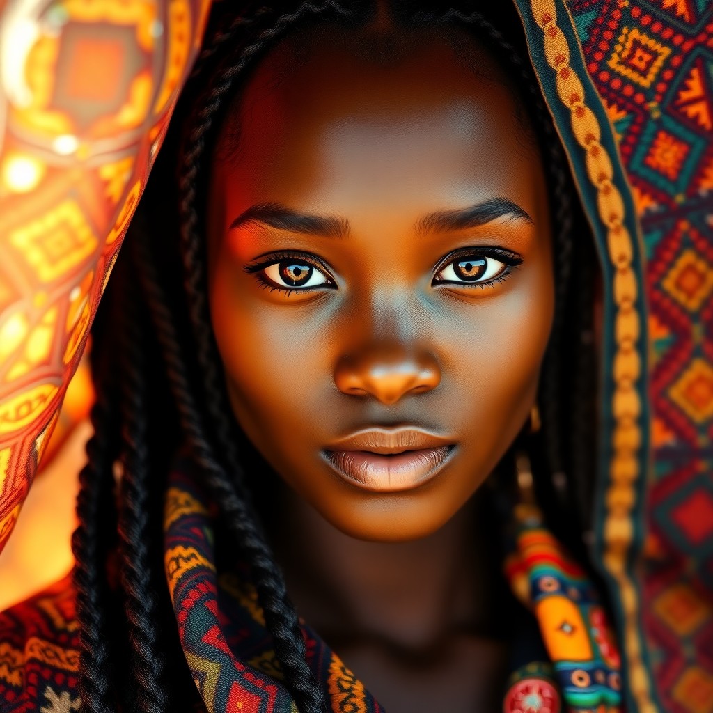 AI generated art for prompt: A photorealistic portrait featuring a young African woman with soulful brown eyes and elegant braide