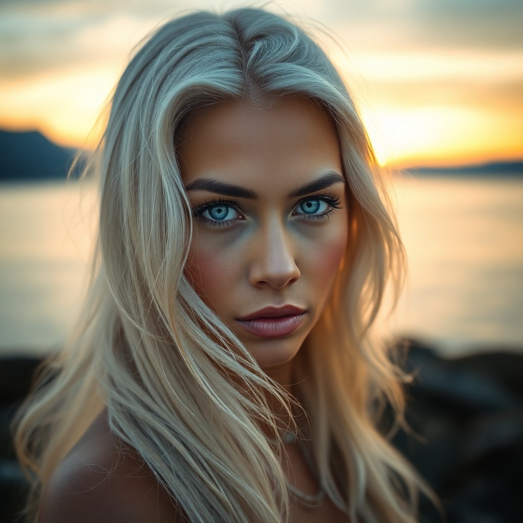 AI generated art for prompt: Envision a captivating Pacific Islander woman with piercing azure eyes and long platinum hair cascad