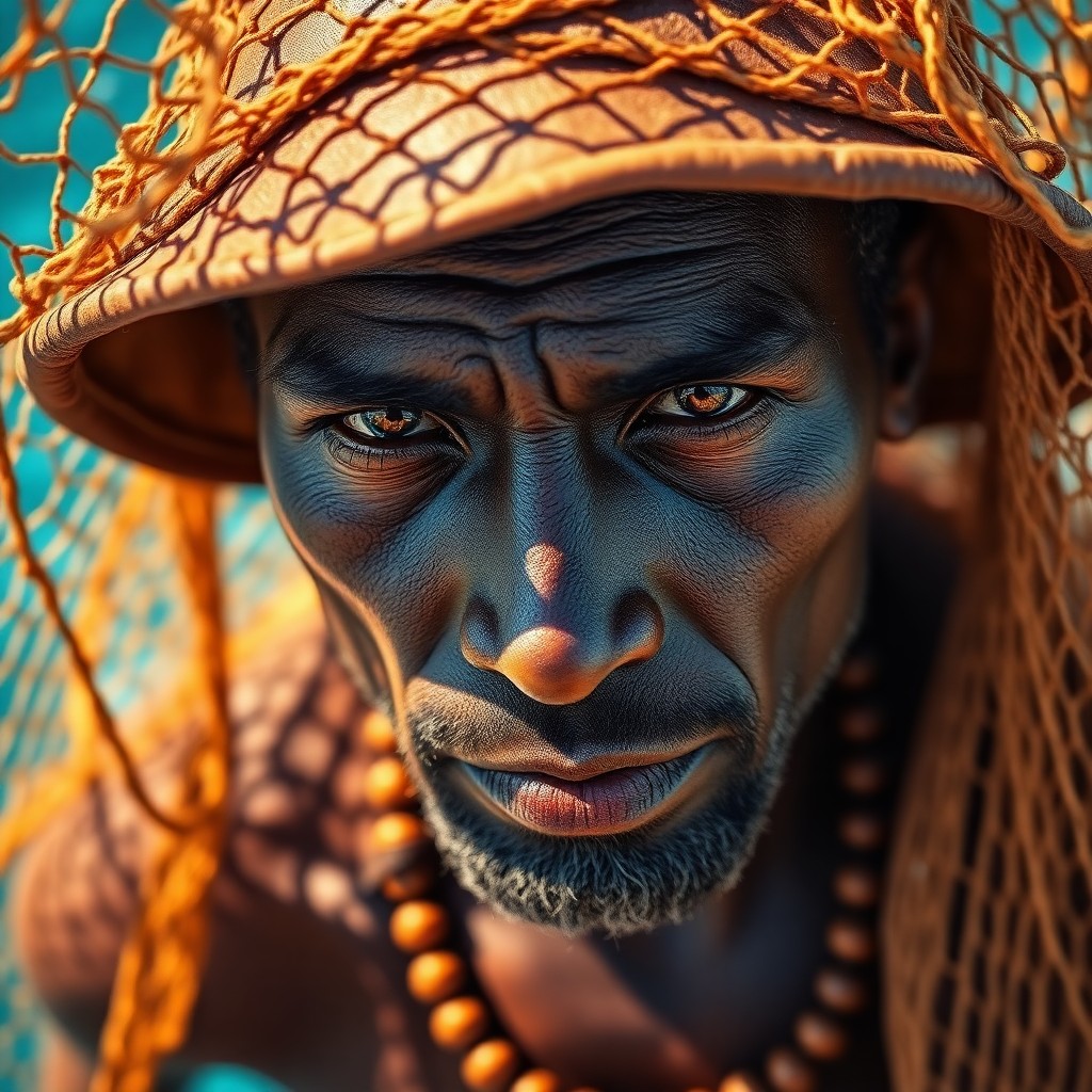 AI generated art for prompt: Imagine a photorealistic portrait of an African fisherman with rugged features and intense amber eye