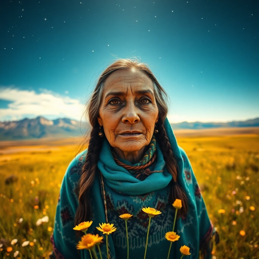 AI generated art for prompt: A mirrorless camera captures a Native American woman's portrait, her weathered features and amber ey