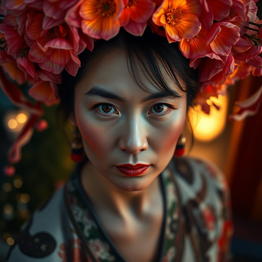 AI generated art for prompt: A photorealistic portrait captures a middle-aged Asian woman's intense gaze, her hardy features and 