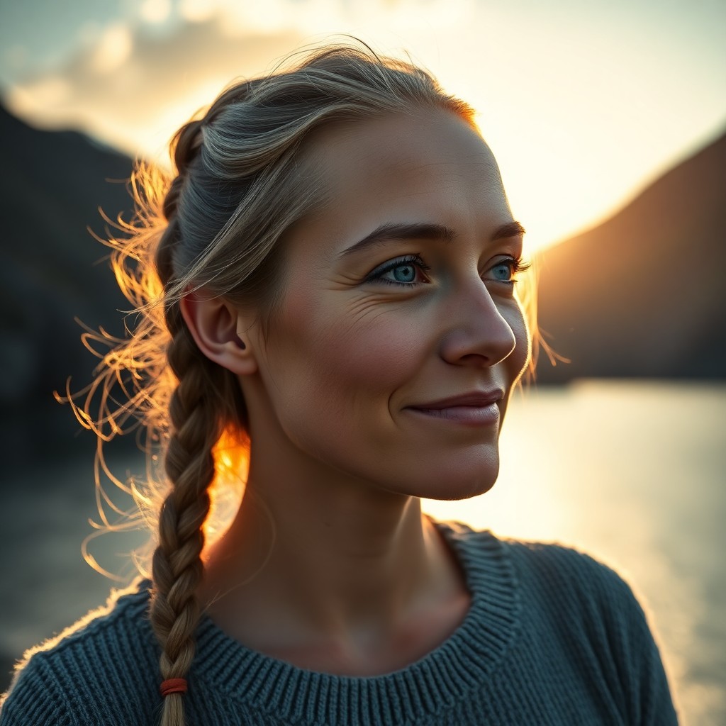 AI generated art for prompt: Imagine a DSLR portrait of a tranquil Nordic woman with crystal-blue eyes and sun-kissed hair in a b