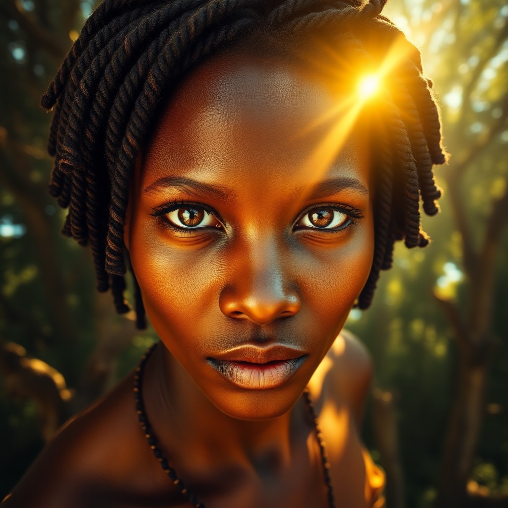 AI generated art for prompt: A photorealistic portrait photograph captures an enigmatic African woman with piercing amber eyes an