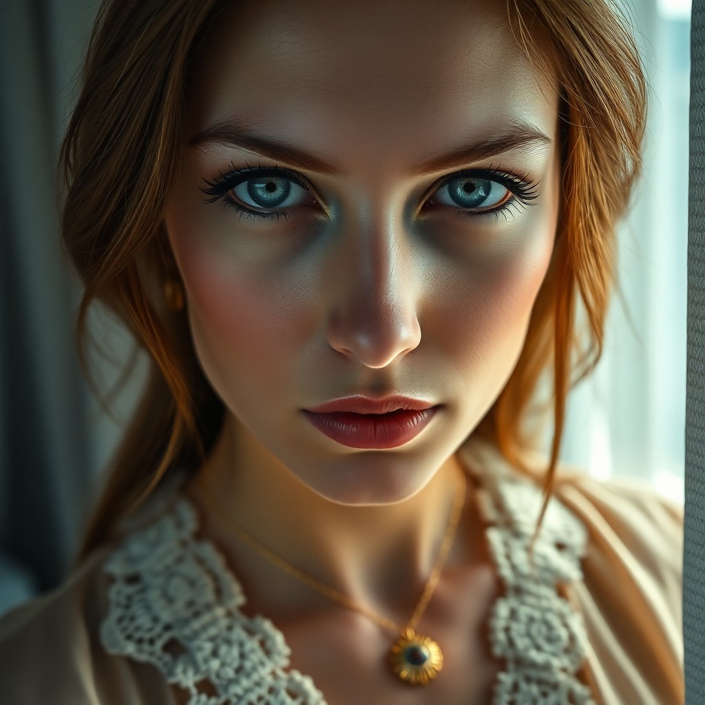 AI generated art for prompt: Envision a photorealistic portrait capturing an Eastern European woman's intense gaze, her piercing 