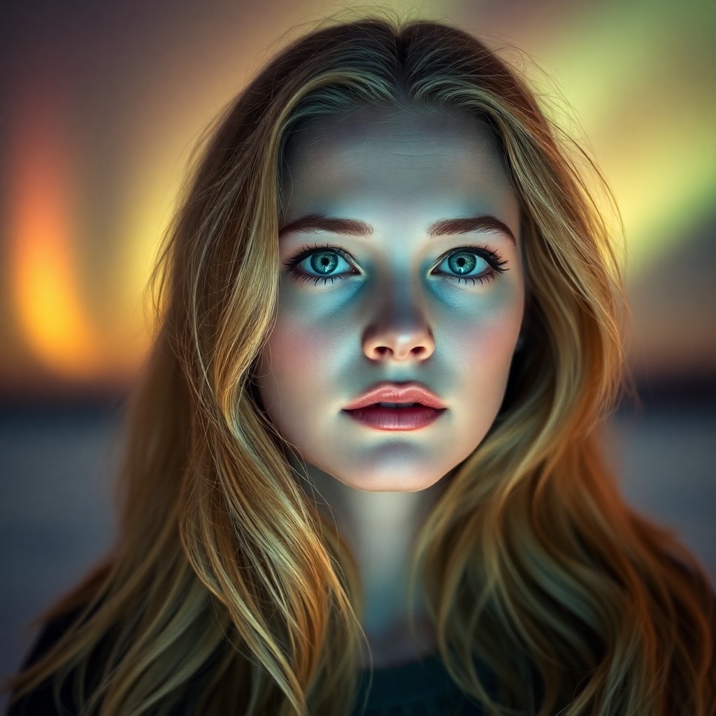 AI generated art for prompt: Imagine a portrait photograph of a European woman with captivating ice-blue eyes and flowing golden 