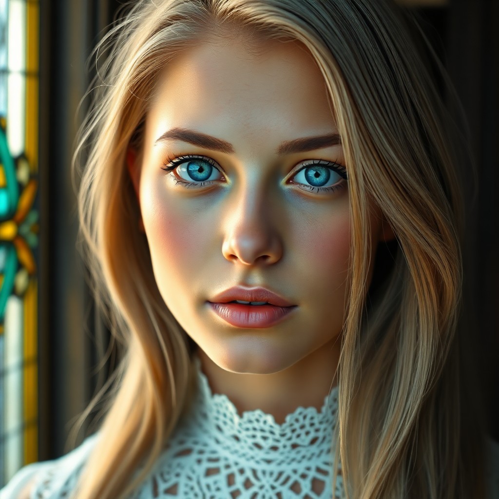 AI generated art for prompt: A photorealistic portrait photograph showcases a Hispanic woman's intricate features: striking blue 