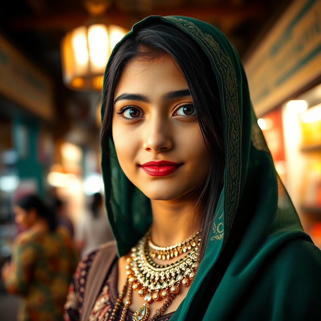 AI generated art for prompt: A mirrorless camera captures a photorealistic portrait of a young South Asian woman with captivating