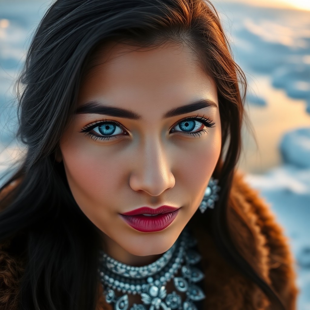 AI generated art for prompt: Craft a photorealistic portrait of a Hispanic woman captured with a smartphone camera against an eth