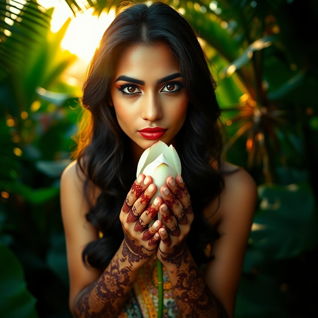 AI generated art for prompt: A photorealistic portrait photograph depicts a South Asian woman with intense dark eyes and flowing,