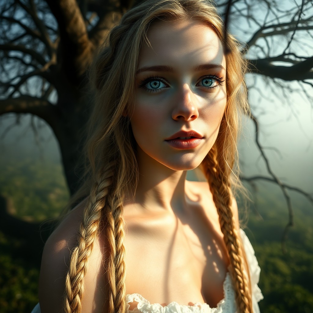 AI generated art for prompt: An ultrarealistic portrait exudes captivating enigmatic allure of a Slavic woman with piercing blue 