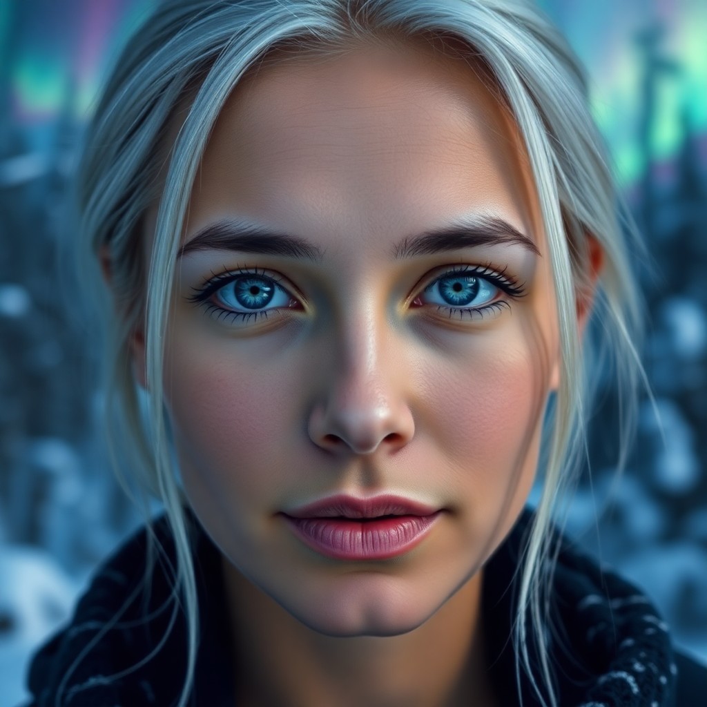 AI generated art for prompt: A portrait photograph showcases a Pacific Islander woman with piercing blue eyes and platinum hair s