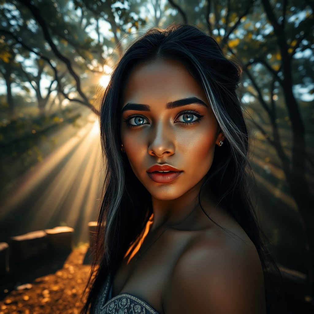 AI generated art for prompt: Imagine a portrait photograph of a South Asian woman with piercing blue eyes and raven hair streaked