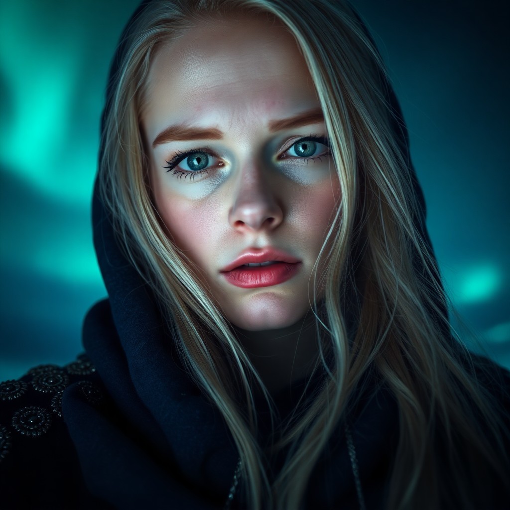 AI generated art for prompt: Envision a captivating portrait photograph of a Nordic woman with piercing green eyes and long, silv