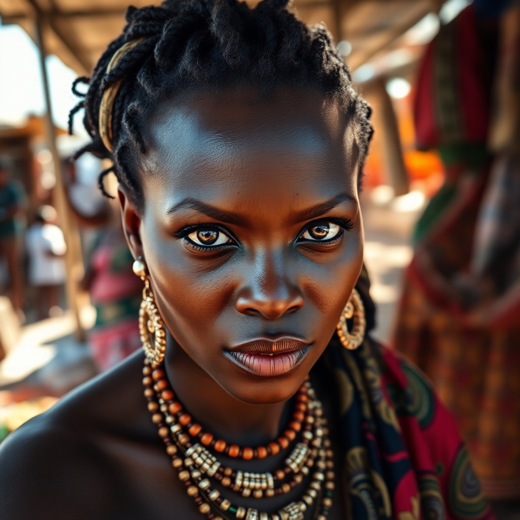 AI generated art for prompt: Envision a photorealistic portrait of an African woman with distinctive almond-shaped eyes and promi