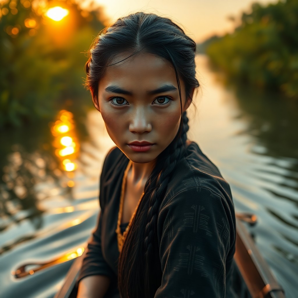 AI generated art for prompt: Craft a photorealistic portrait photograph showcasing the piercing gaze of a Southeast Asian woman a