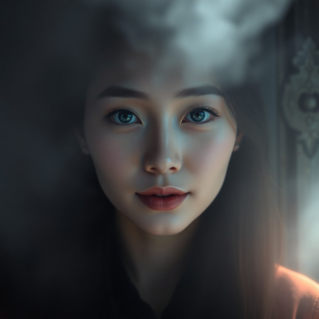 AI generated art for prompt: Create a super-realistic portrait of an enigmatic East Asian woman in her early thirties with striki