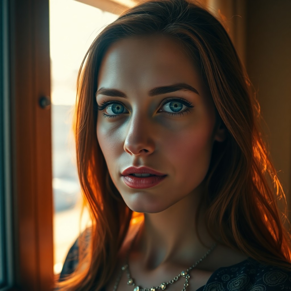 AI generated art for prompt: Craft a photorealistic portrait of a Middle Eastern woman with piercing blue eyes and chestnut hair,