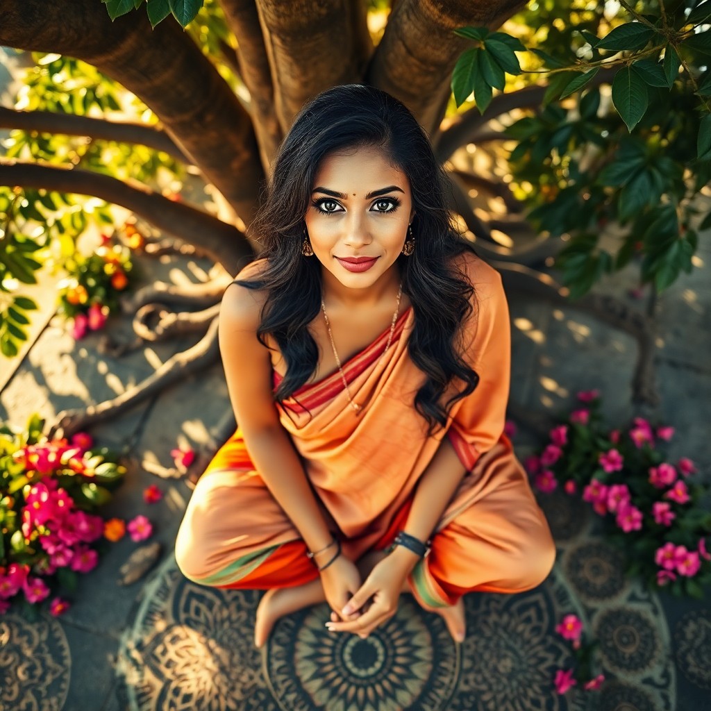 AI generated art for prompt: A photorealistic portrait photograph captures a South Asian woman's serene presence amidst an ancien