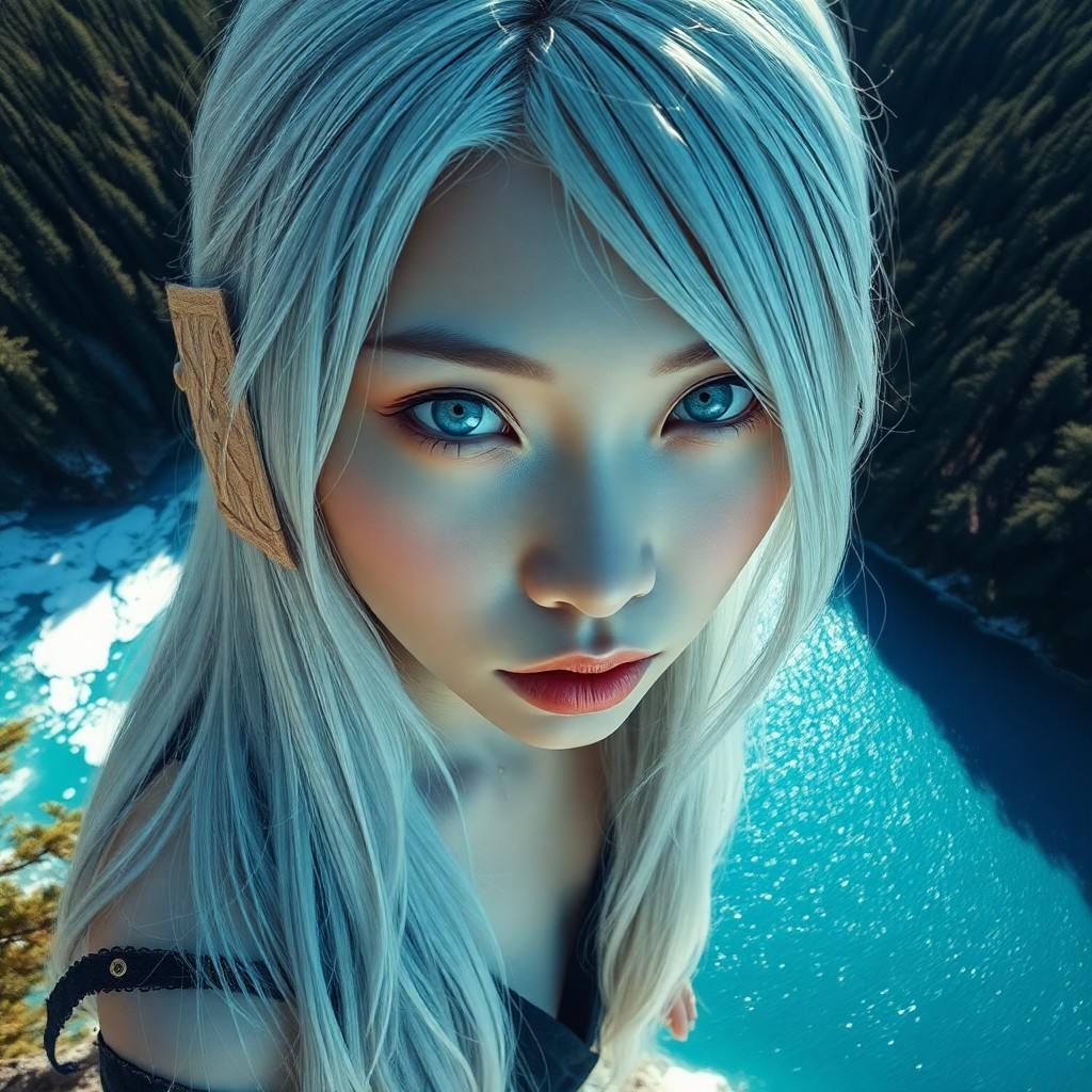 AI generated art for prompt: An enigmatic East Asian woman with pale blue eyes and long, platinum hair streaked with silver stand