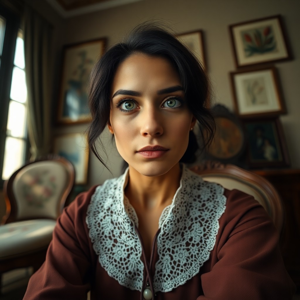 AI generated art for prompt: A photorealistic portrait photograph depicts a Middle Eastern woman with deep green eyes, her gaze p