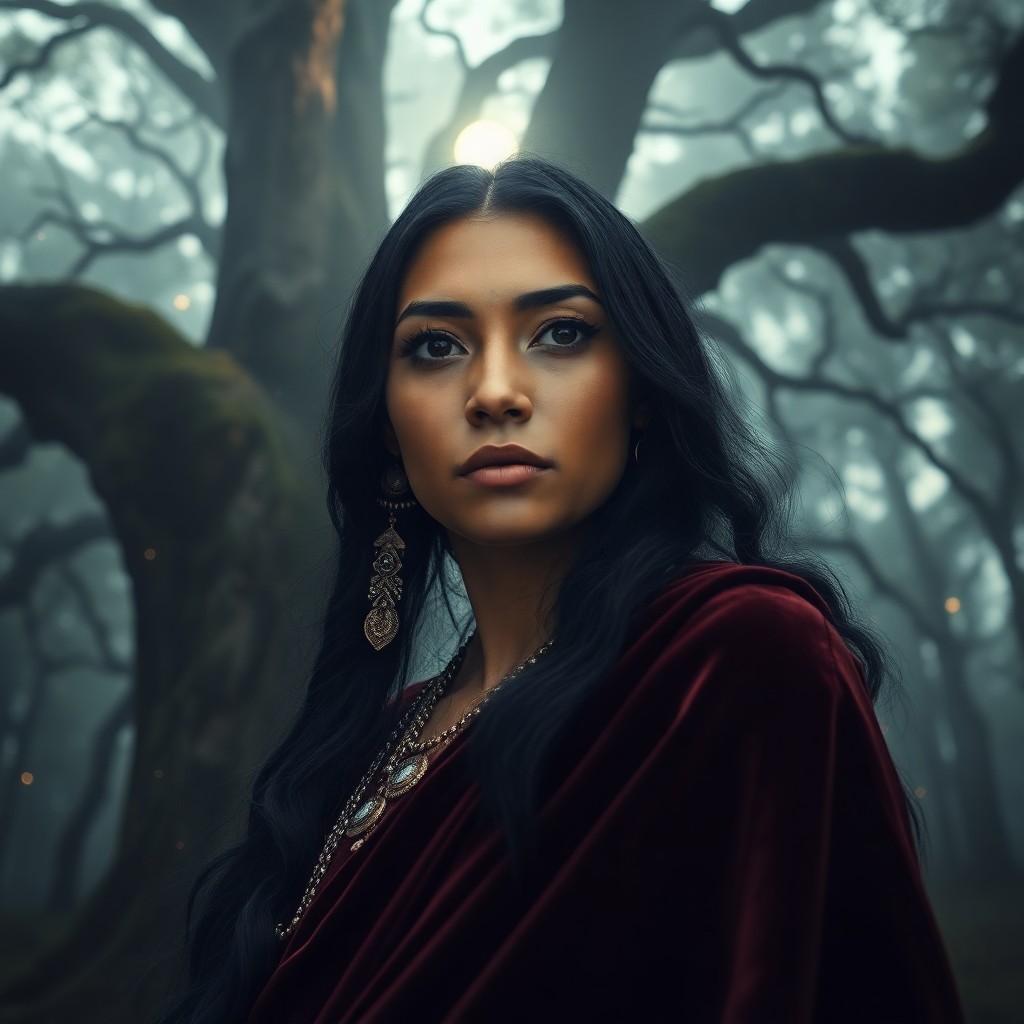 AI generated art for prompt: A photorealistic portrait photograph showcasing a serene Native American woman with raven-black hair