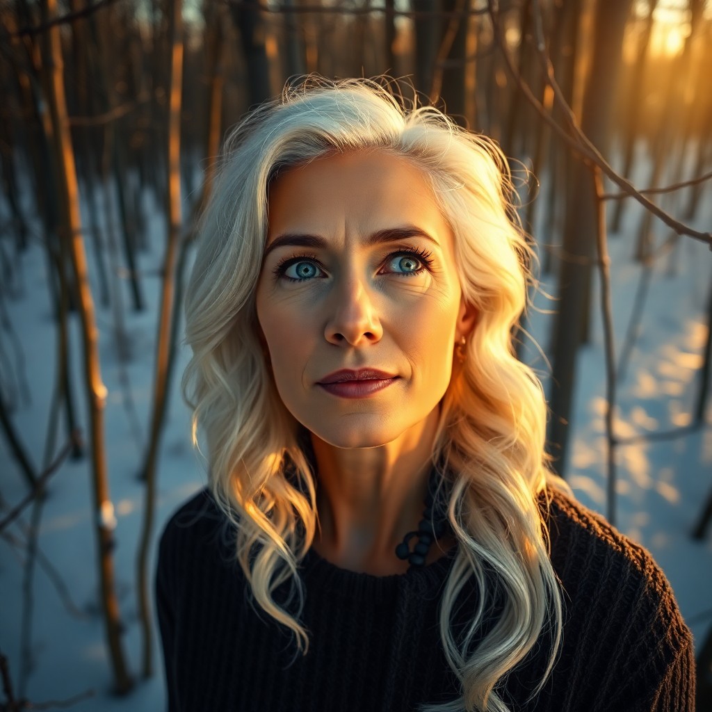 AI generated art for prompt: Photograph a 45-year-old Pacific Islander woman with striking ice-blue eyes and wavy platinum hair i