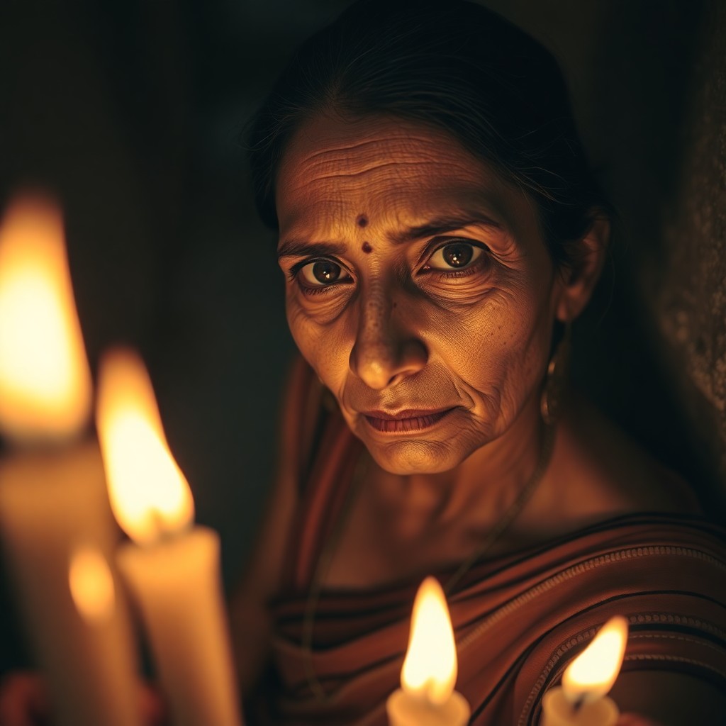 AI generated art for prompt: A South Asian woman with warm brown eyes and intricate henna tattoos sits alone in a dimly lit alley