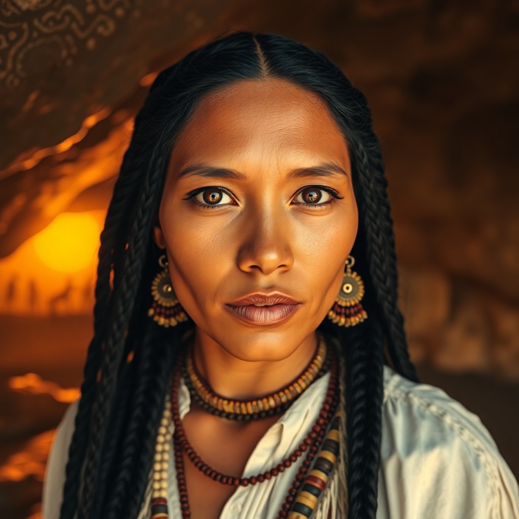 AI generated art for prompt: A superrealistic portrait depicts a Native American woman with piercing obsidian eyes and intricatel