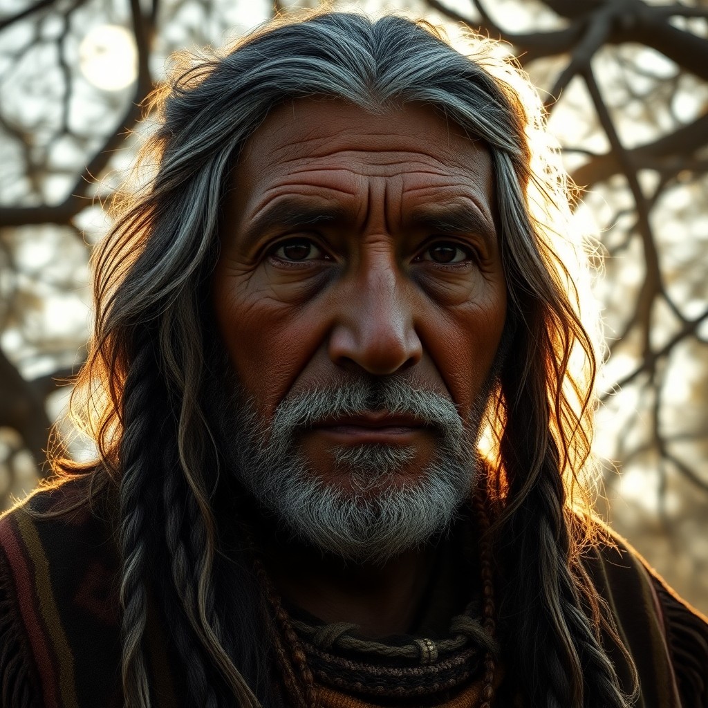 AI generated art for prompt: Imagine a photorealistic portrait photo of a wise Native American elder with deep eyes and graying h