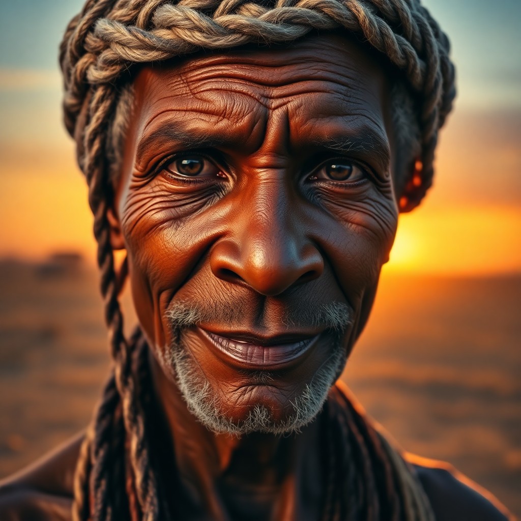 AI generated art for prompt: Envision a super-realistic portrait of an African elder with deep brown eyes, their silver hair intr