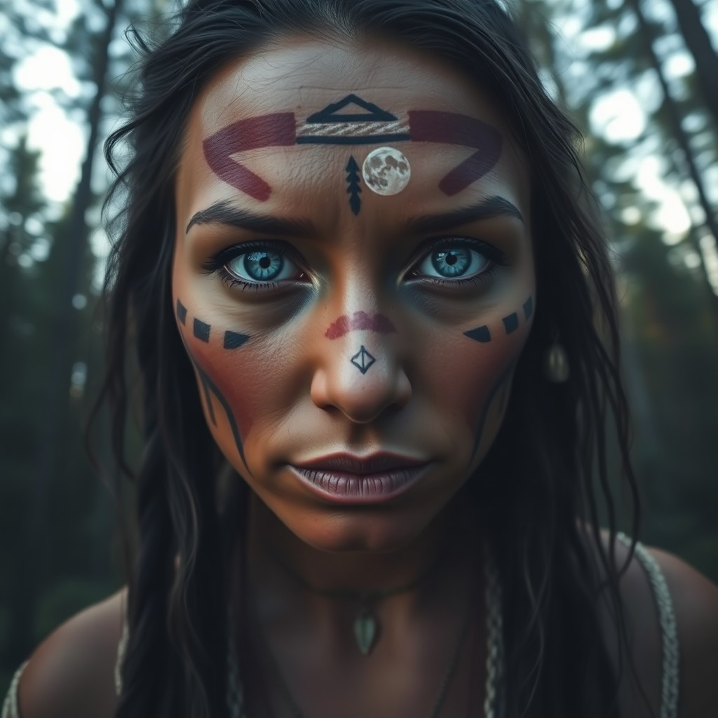 AI generated art for prompt: A mirrorless camera captures a Native American shaman's portrait, her piercing blue eyes and intrica