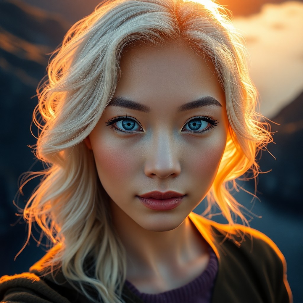 AI generated art for prompt: Craft an ultrarealistic portrait of an East Asian woman with piercing blue eyes, wavy platinum hair,