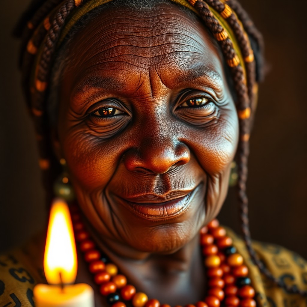 AI generated art for prompt: Envision a photorealistic portrait of an African elder with deep-set eyes and smooth skin, her seren