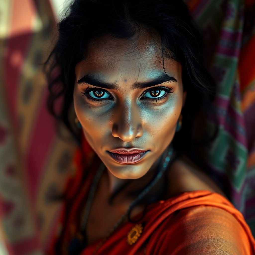 AI generated art for prompt: Envision a hyperrealistic portrait photograph capturing the enigmatic gaze of a South Asian woman wi