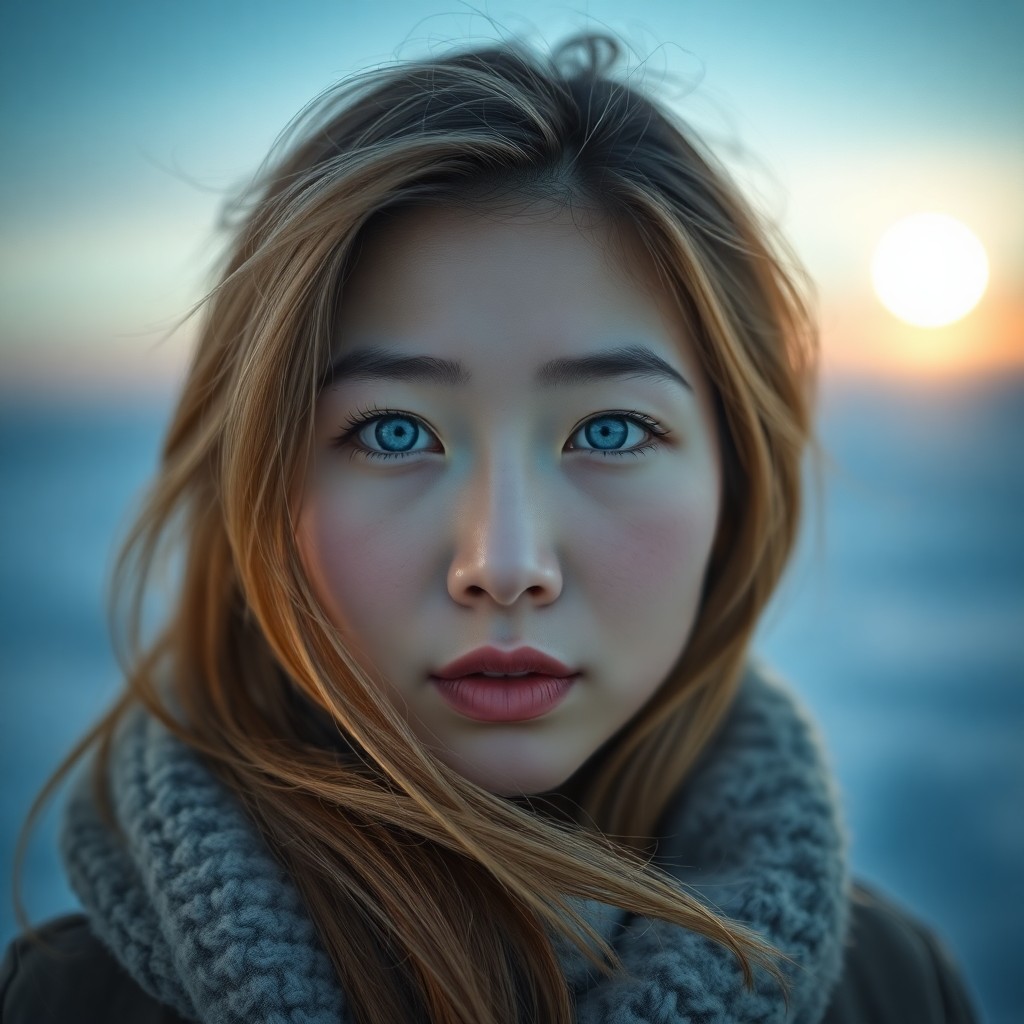 AI generated art for prompt: Envision a portrait photograph showcasing an East Asian woman's intense blue eyes and porcelain skin