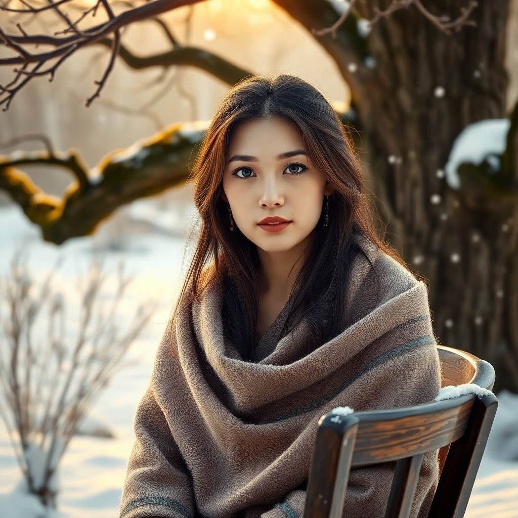 AI generated art for prompt: Capture a portrait of an East Asian woman with striking blue eyes and sun-kissed hair, wrapped in a 