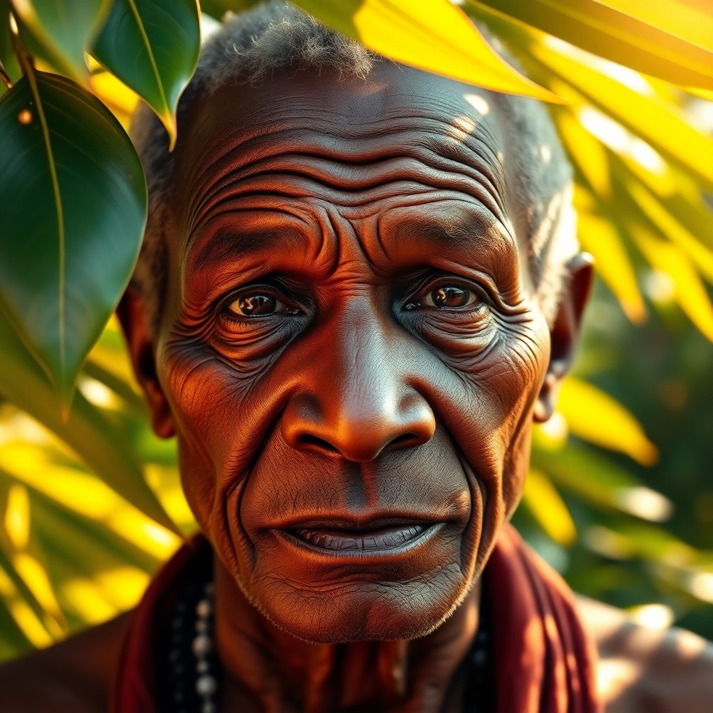 AI generated art for prompt: Craft a super-realistic portrait of an esteemed African elder with deep creases marking his weathere