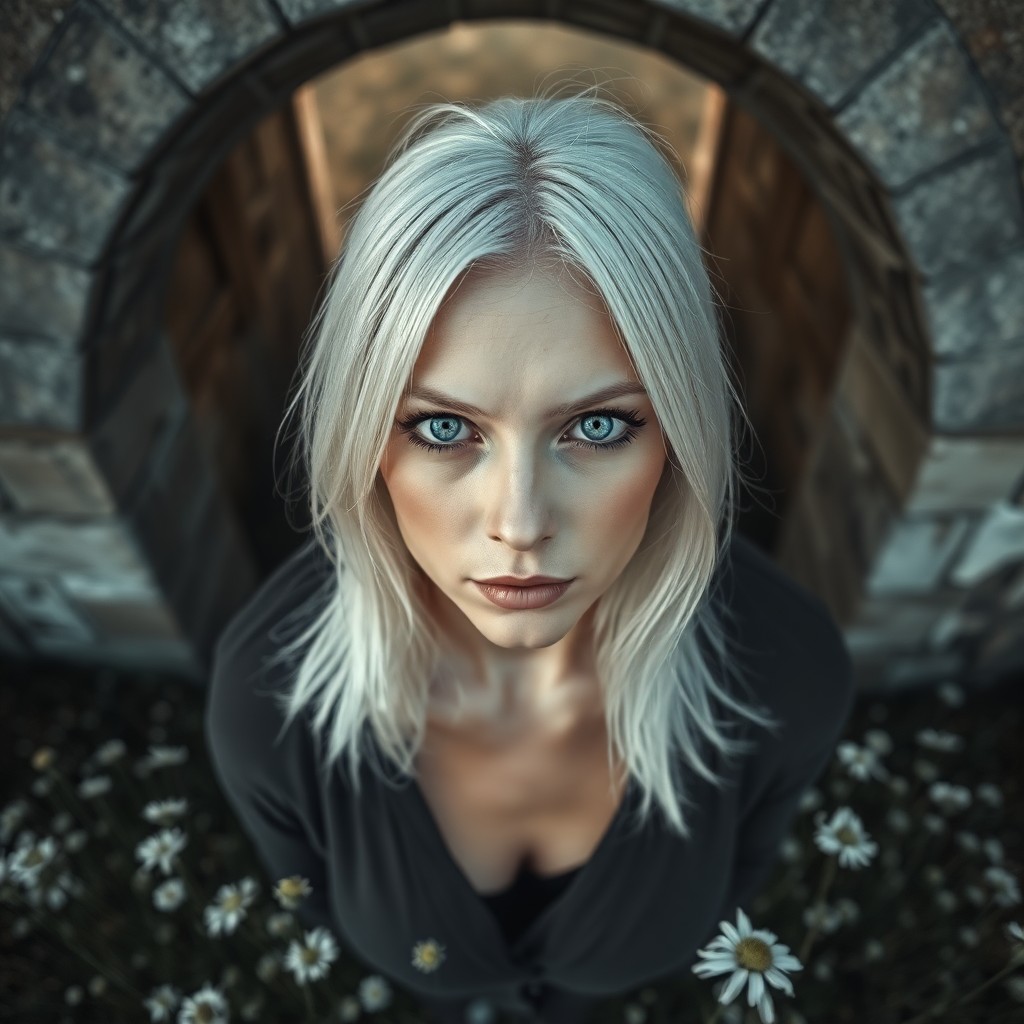 AI generated art for prompt: A captivating portrait photograph of a stoic European woman with piercing ice-blue eyes and shoulder