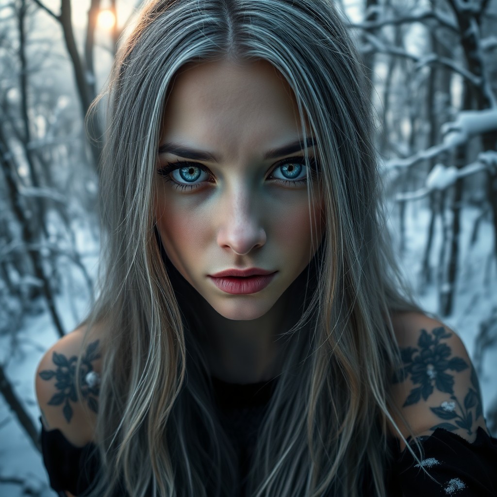 AI generated art for prompt: Envision a photorealistic portrait of an enigmatic Slavic woman with piercing blue eyes and long hai