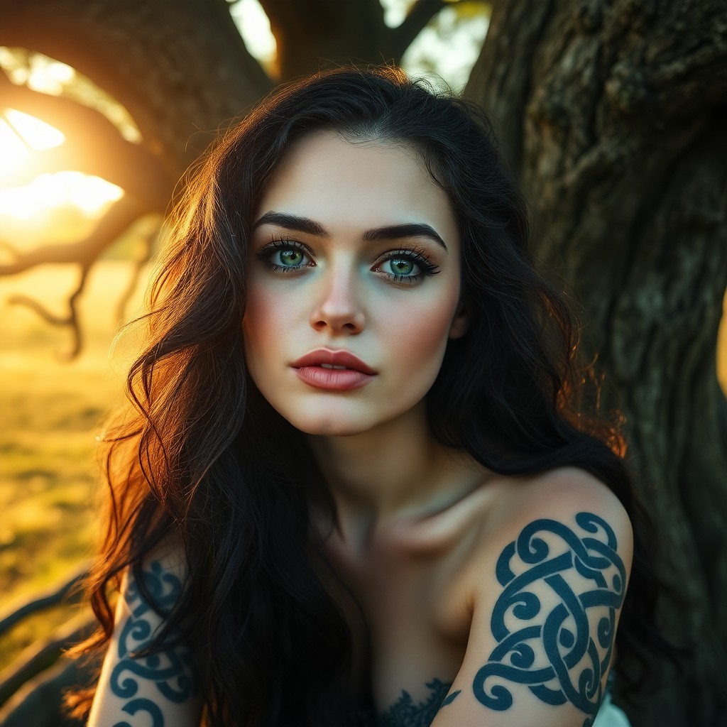 AI generated art for prompt: Envision a photorealistic portrait of a Nordic woman with emerald eyes and raven hair, cascading in 
