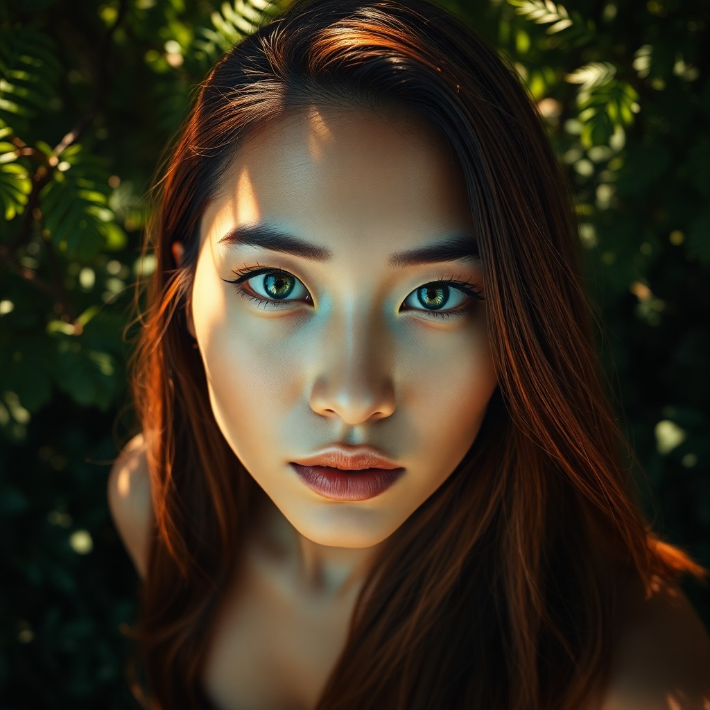 AI generated art for prompt: An ultrarealistic portrait showcases a Pacific Islander woman's piercing emerald eyes and porcelain 