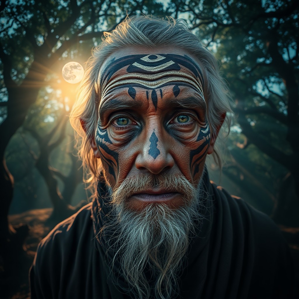 AI generated art for prompt: Envision a portrait photograph of an enigmatic wise old mystic with deep, knowing eyes and intricate