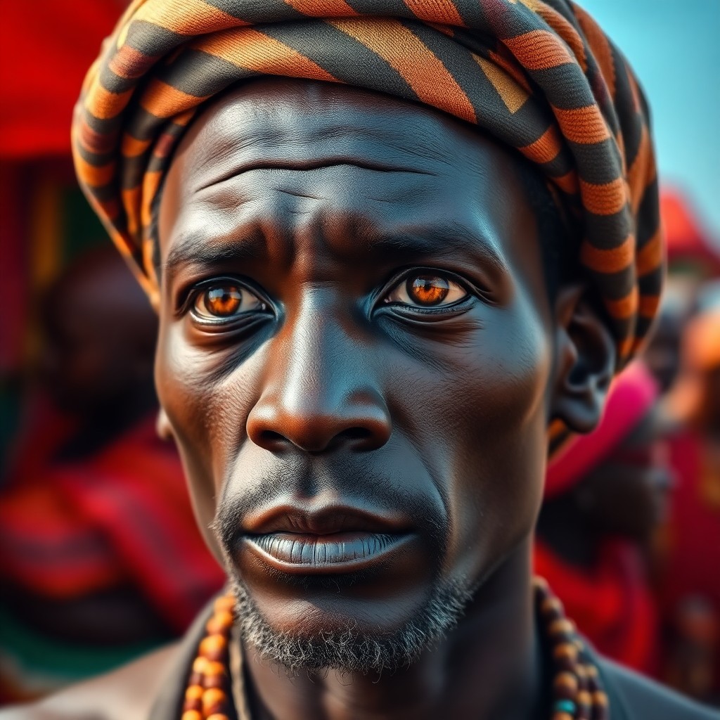 AI generated art for prompt: An iPhone portrait of an African shaman with intense amber eyes, captured in high-resolution digital
