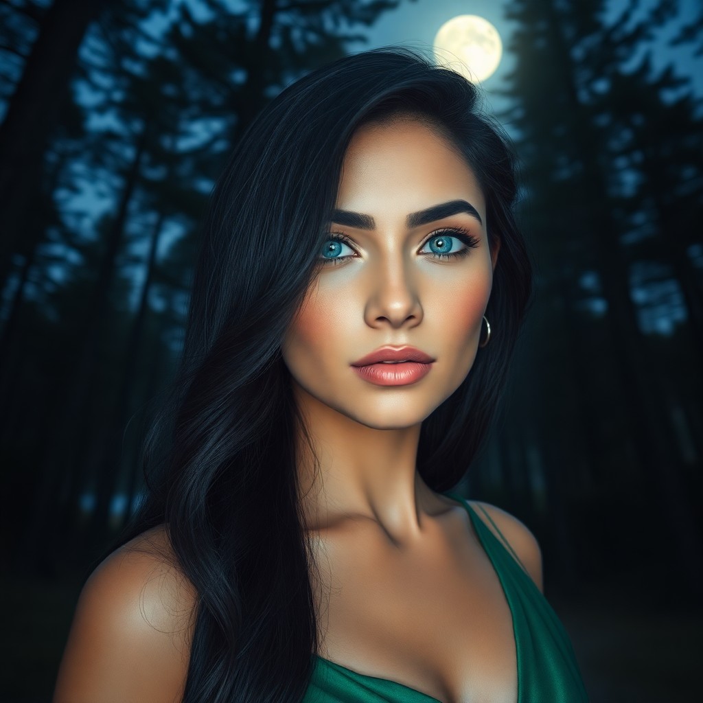 AI generated art for prompt: Craft a photorealistic portrait of a straightforward Hispanic woman adorned with piercing blue eyes,