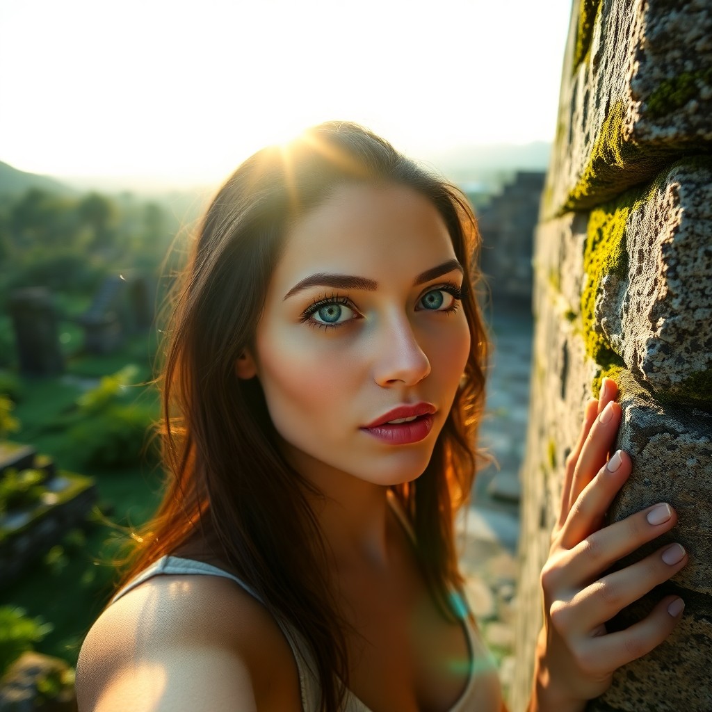 AI generated art for prompt: A smartphone captures an enigmatic Hispanic woman with striking azure eyes and flawless porcelain sk