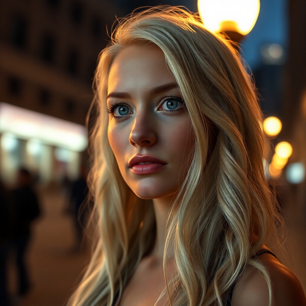 AI generated art for prompt: A portrait photograph, illuminated by an amber streetlamp's soft glow, captures a Native American wo