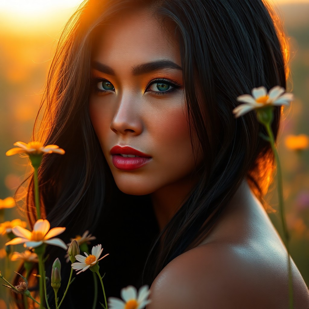 AI generated art for prompt: Create a hyperrealistic portrait of a Pacific Islander woman with captivating emerald eyes and raven